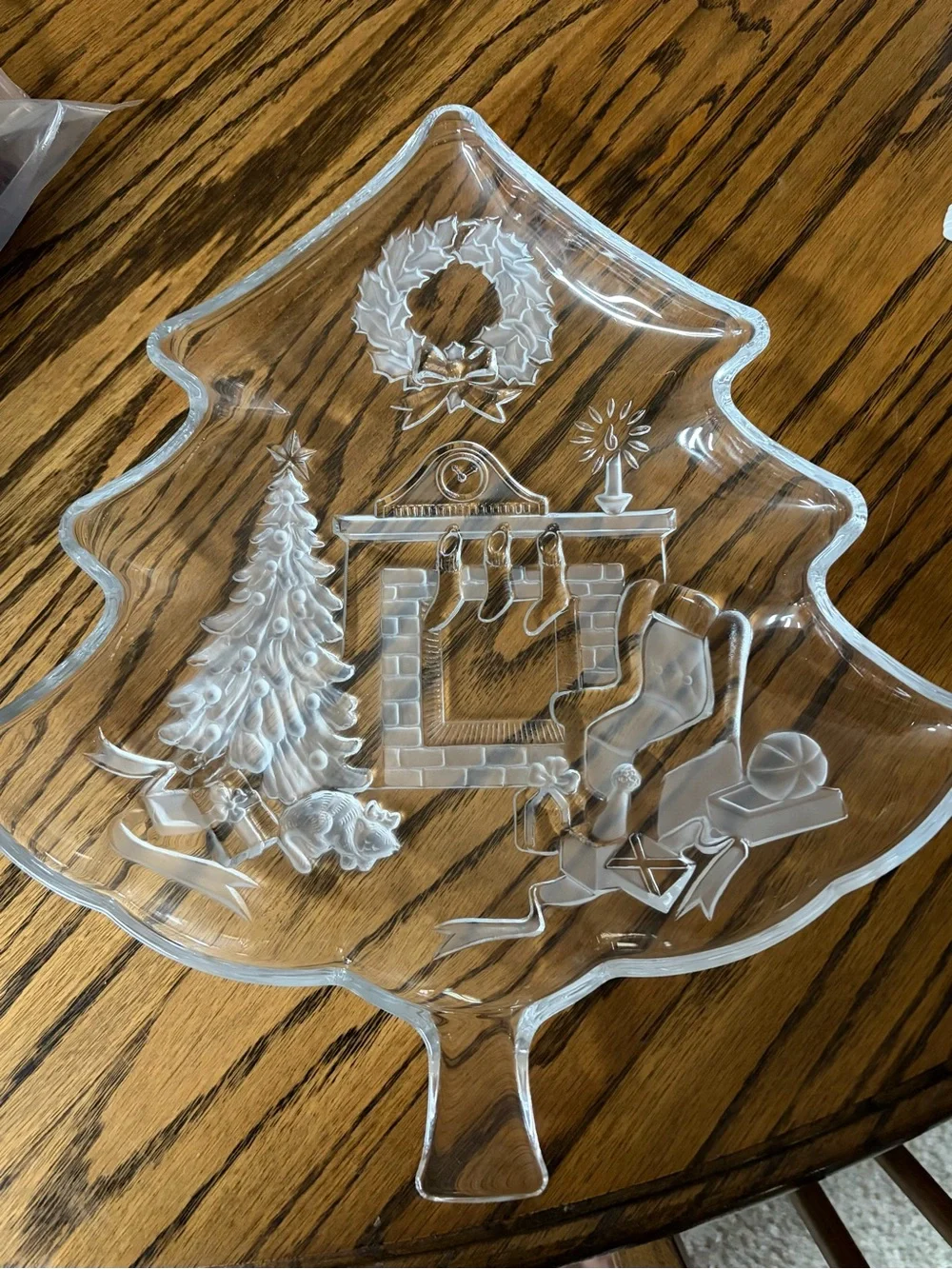 Studio Nova Clear Glass Christmas Tree Tray with Holiday Fireplace Motif